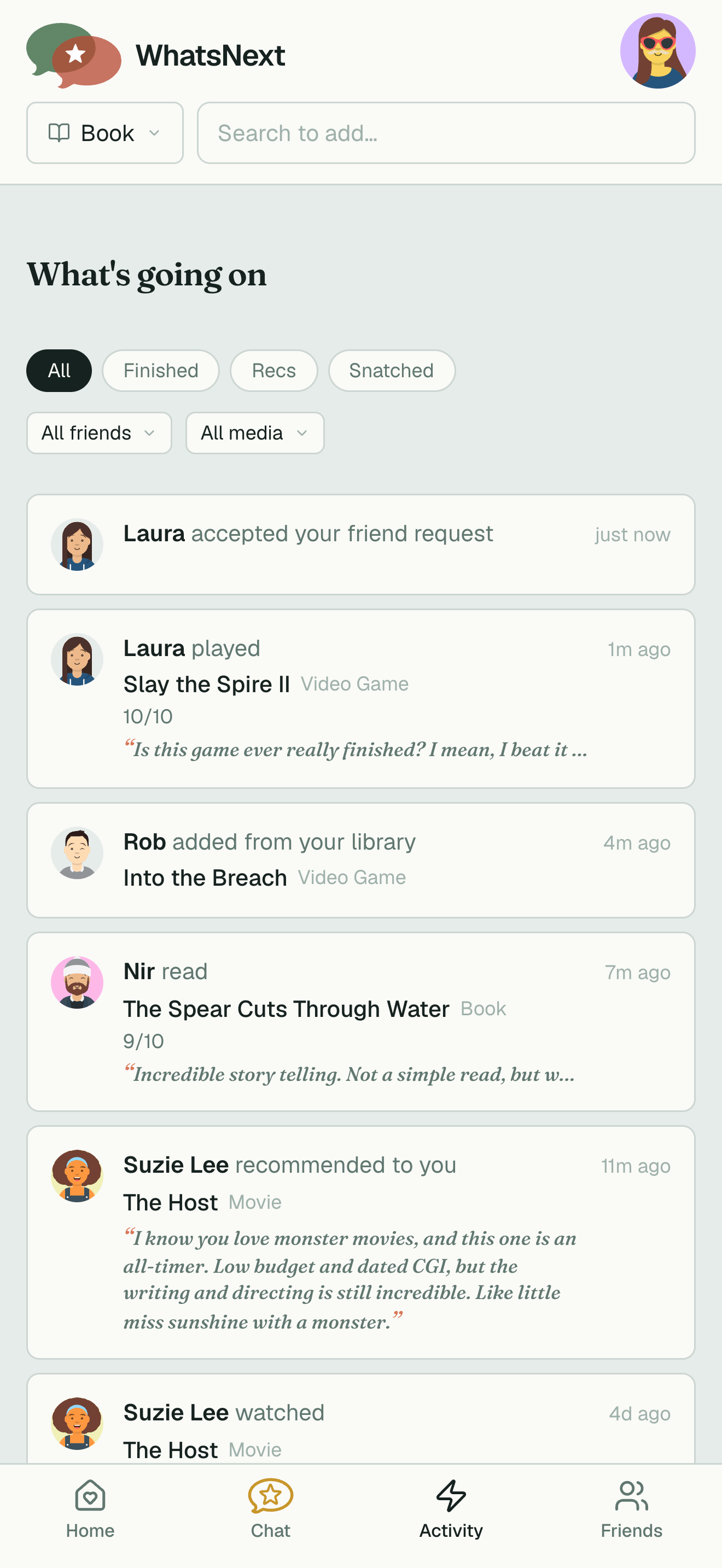 The WhatsNext activity view: what friends recently watched, read, played, and recommended.