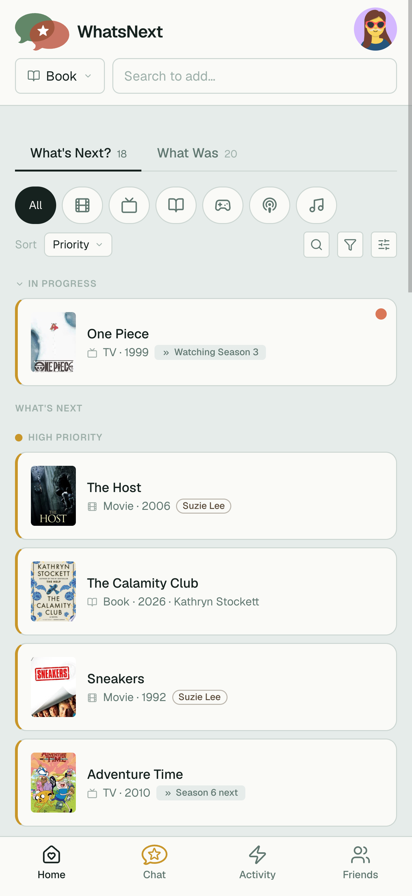 The WhatsNext library: a backlog of movies, TV, books, and games with what's in progress at the top.