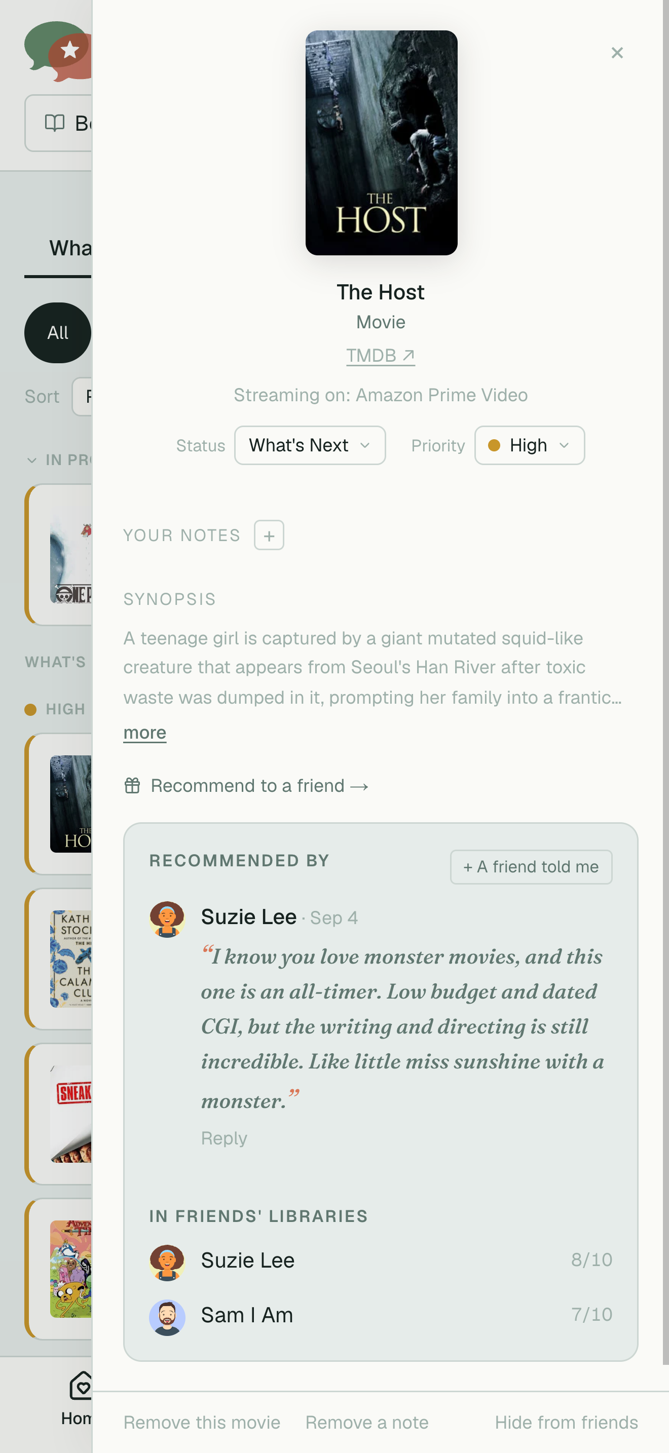 A movie's card in WhatsNext, showing a recommendation from a friend with their note attached.